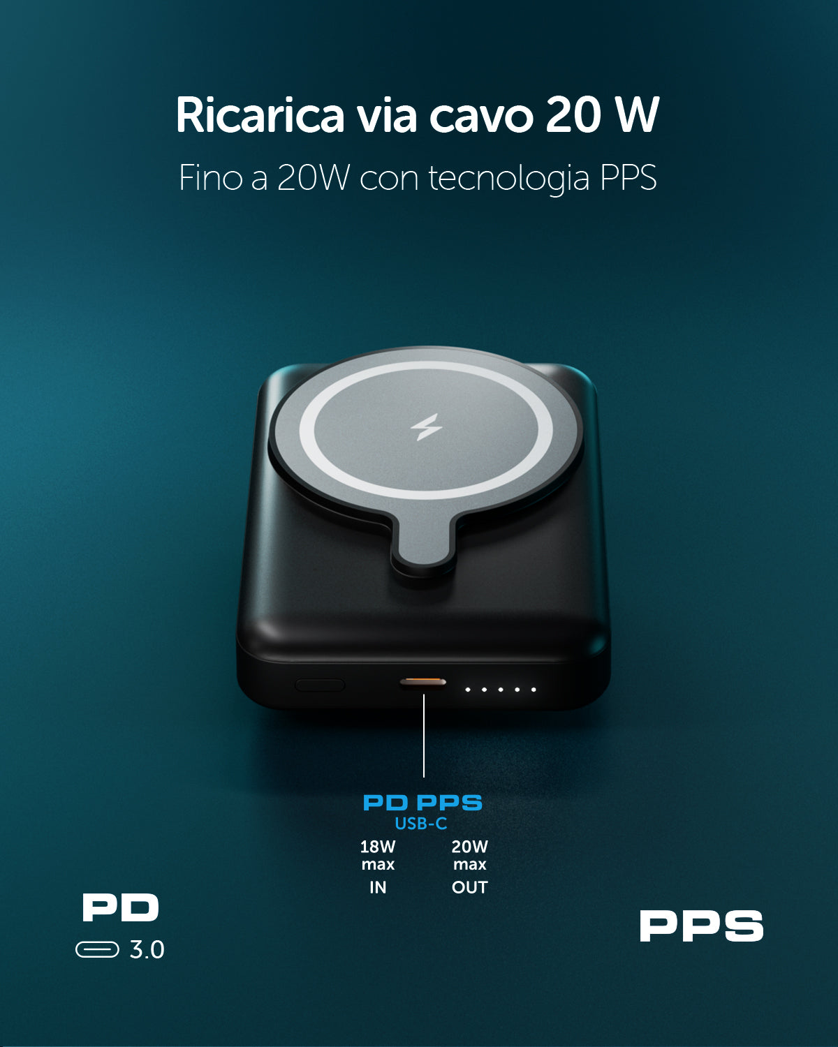 Power Bank 10.000 mAh Power Flux, compatibile MagSafe e con porta USB-C 20W