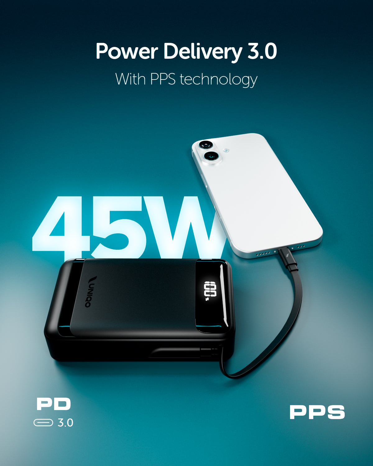 10000mAh Power Bank with LCD Display, Retractable USB-C Cable and 45W USB-C Port