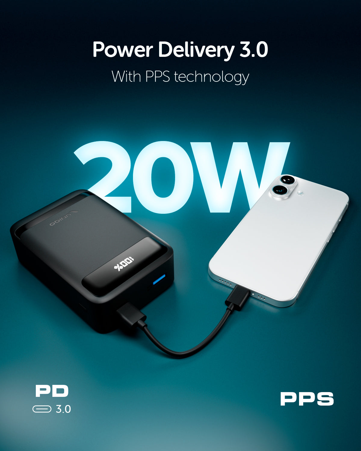 Power bank 20000mAh con display LCD, porta USB-C 20W Power Delivery e USB-A 22,5W AFC