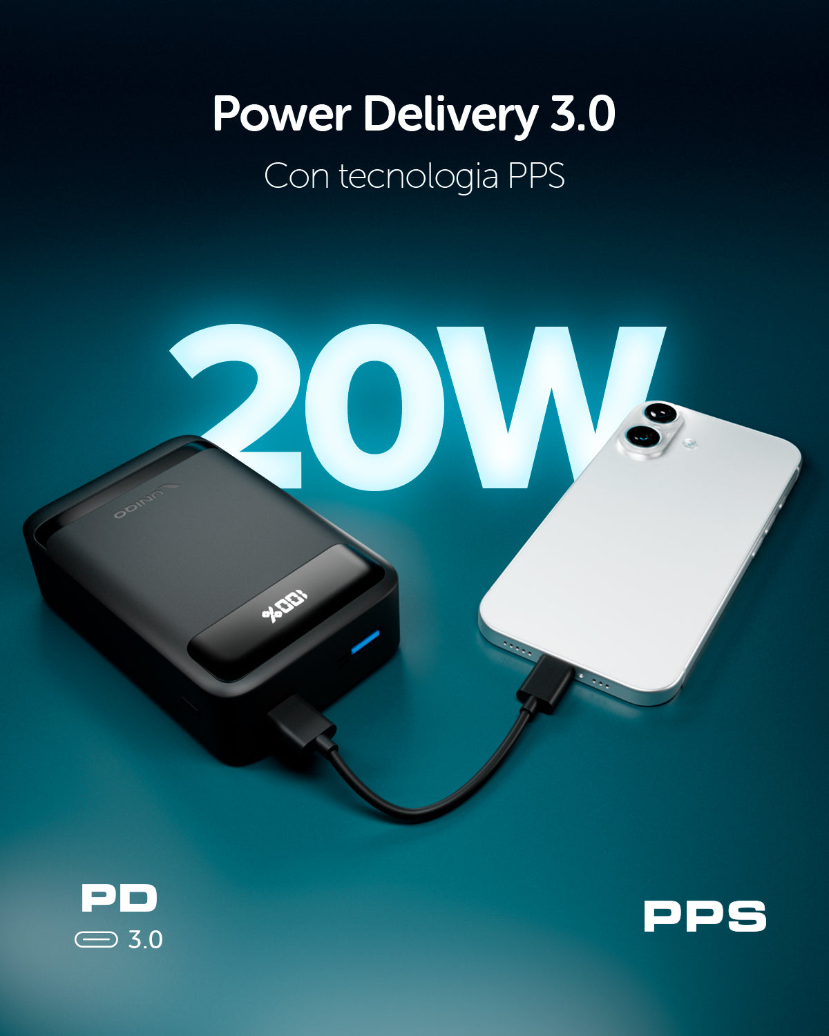 Power bank 20000mAh con display LCD, porta USB-C 20W Power Delivery e USB-A 22,5W AFC