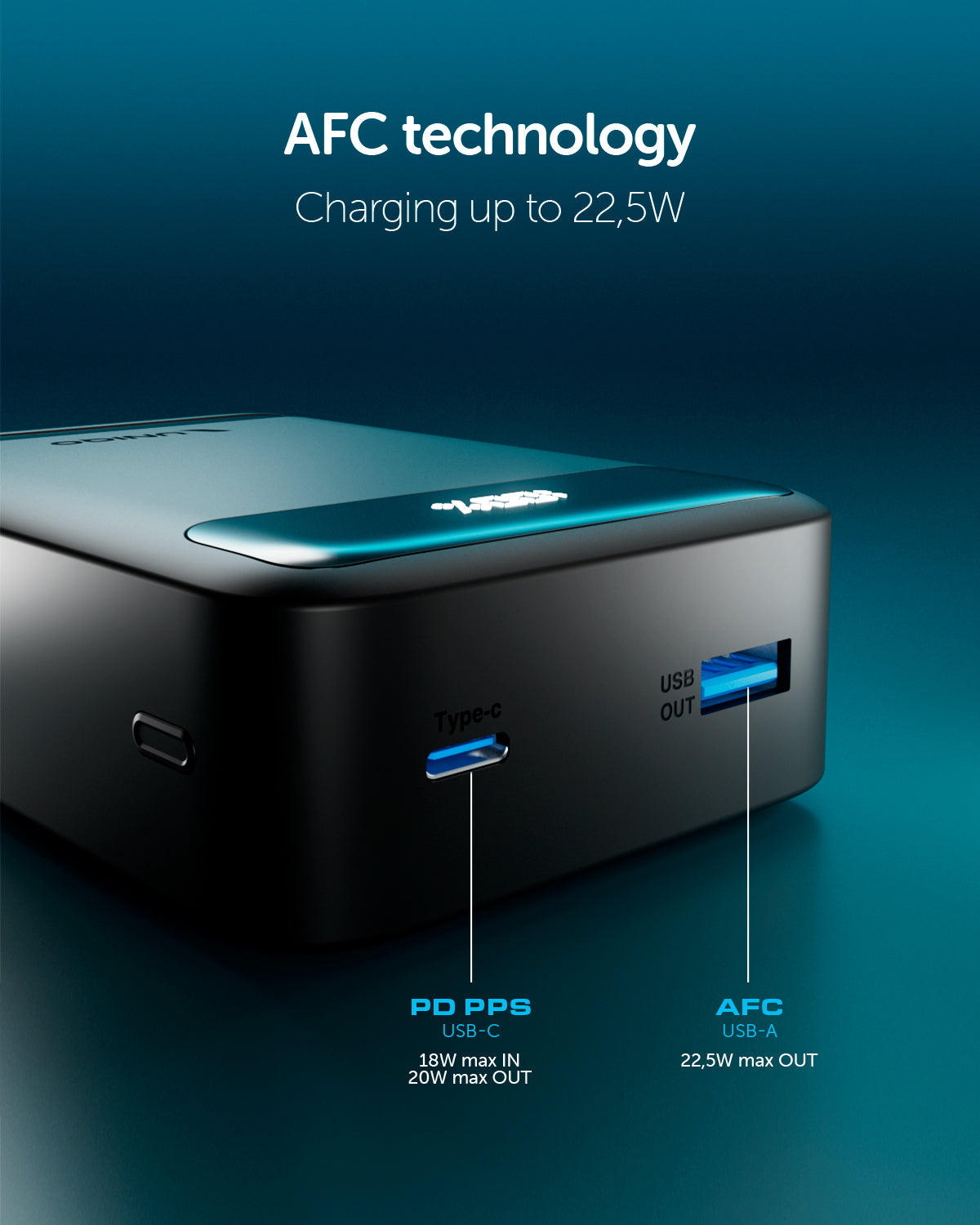 Power bank 20000mAh con display LCD, porta USB-C 20W Power Delivery e USB-A 22,5W AFC