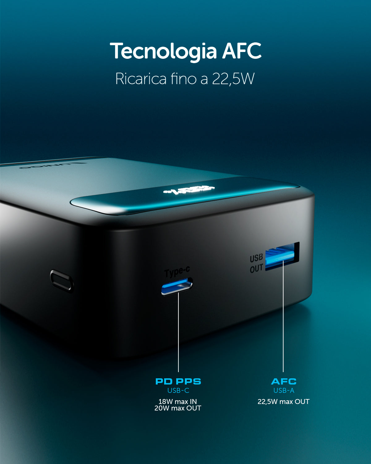 Power bank 20000mAh con display LCD, porta USB-C 20W Power Delivery e USB-A 22,5W AFC