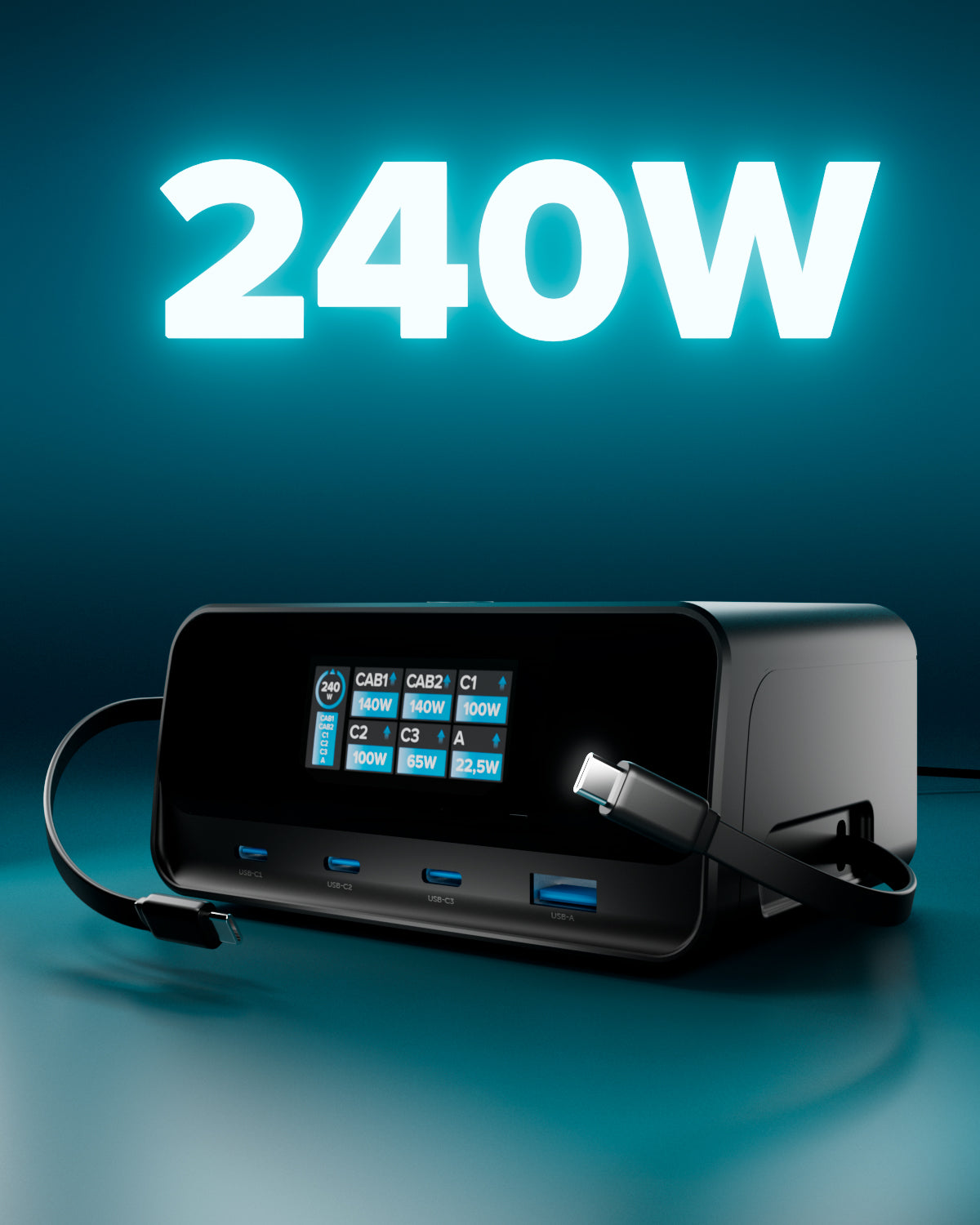 240W charging station with 2 retractable USB-C cables and 4 ports