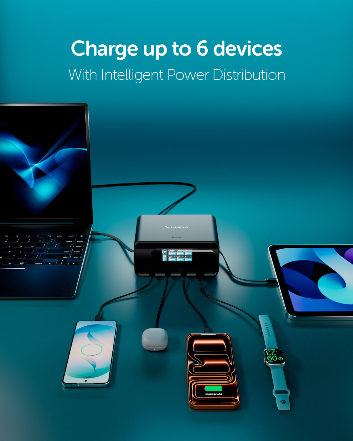 Stazione di ricarica 240W con 2 cavi USB-C retrattili e 4 porte