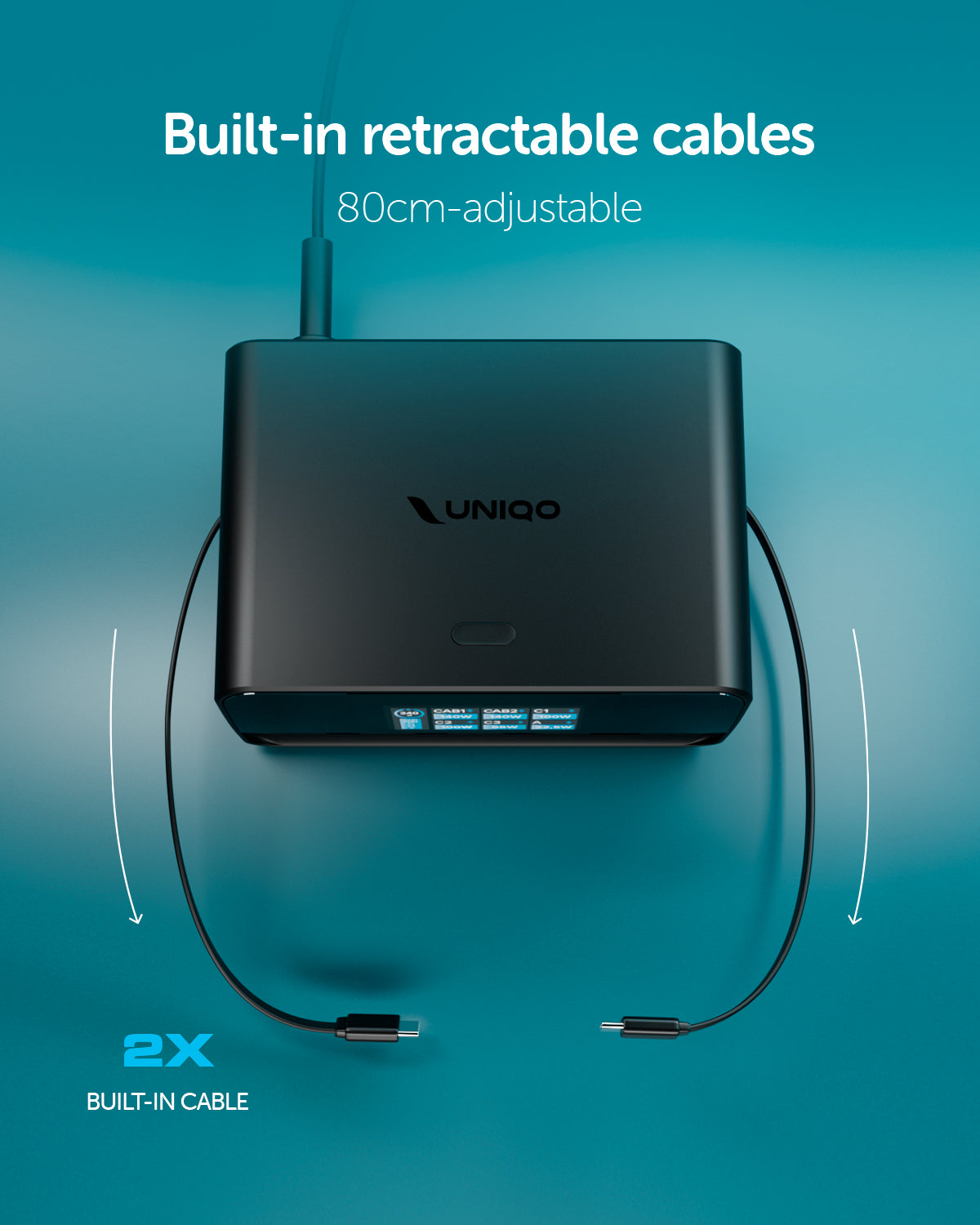 Stazione di ricarica 240W con 2 cavi USB-C retrattili e 4 porte
