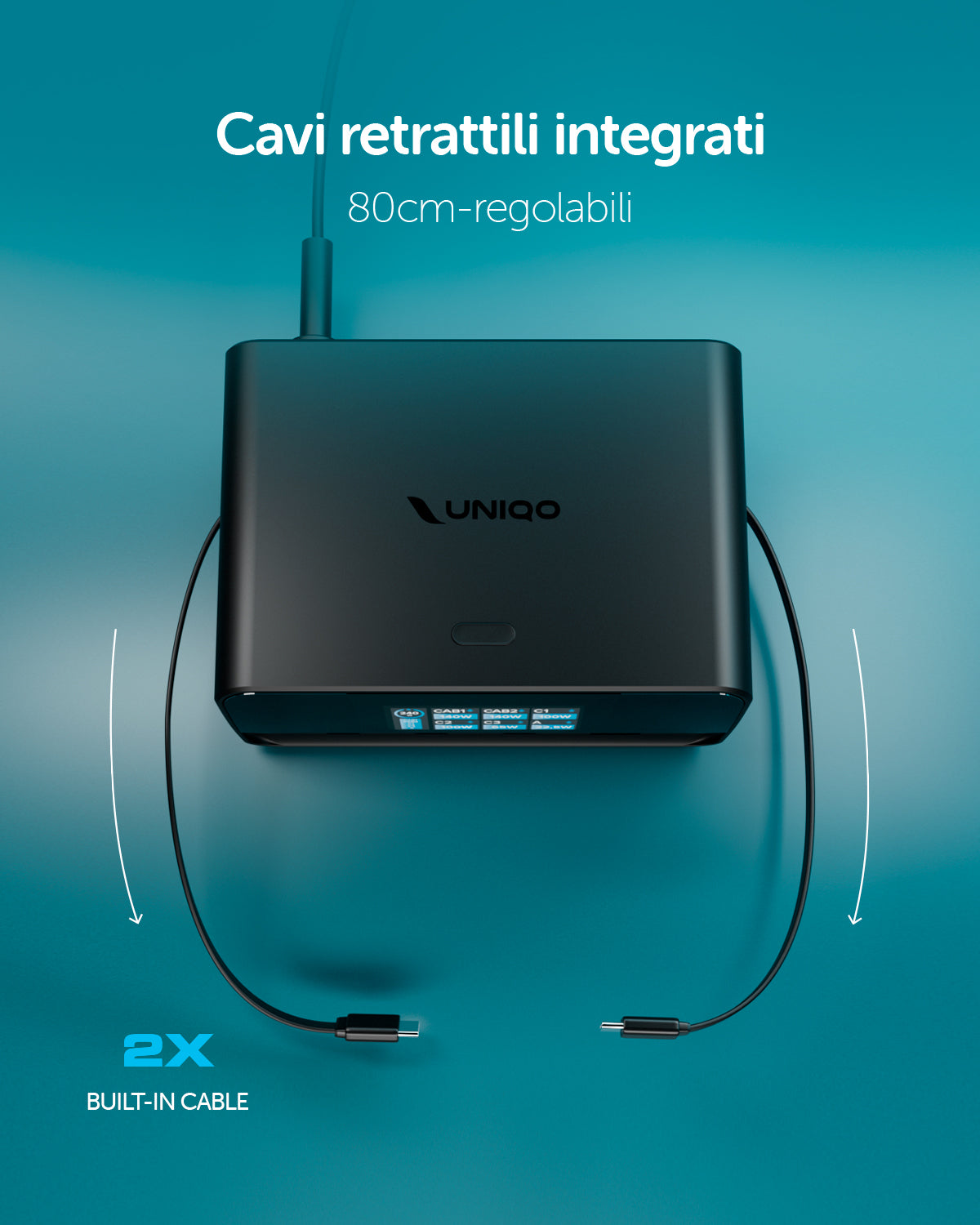 Stazione di ricarica 240W con 2 cavi USB-C retrattili e 4 porte