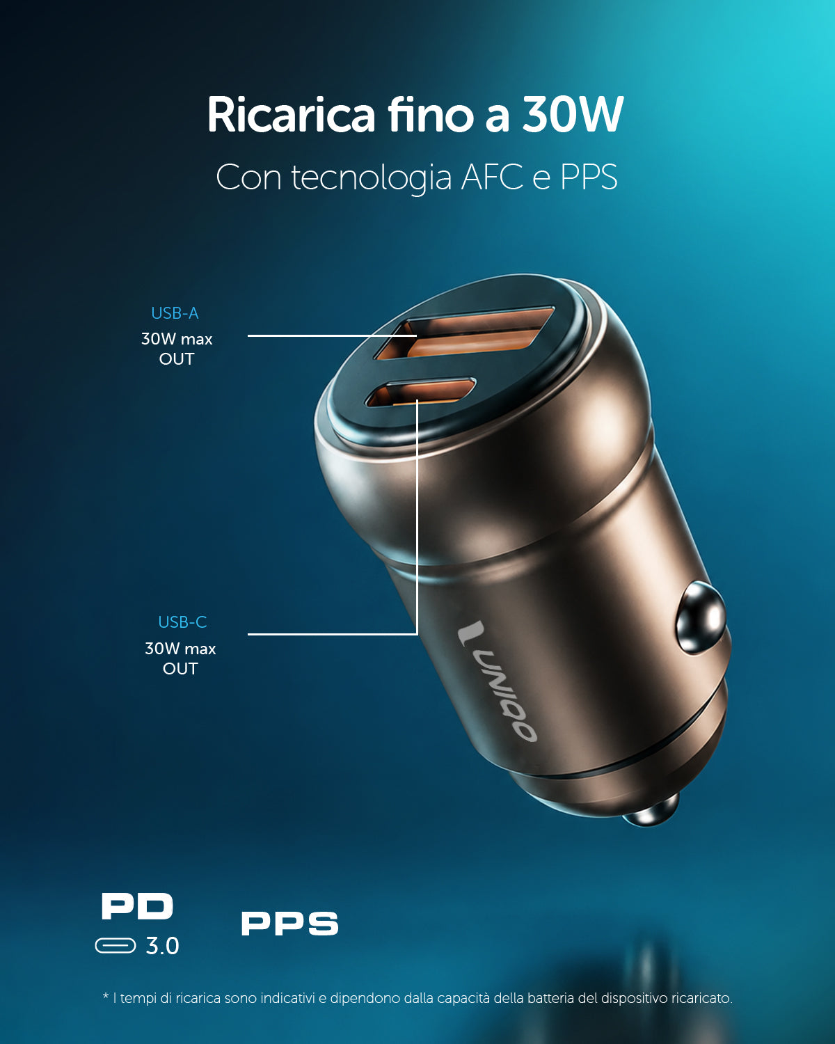 Caricatore auto USB-C e USB-A 30W Power Delivery