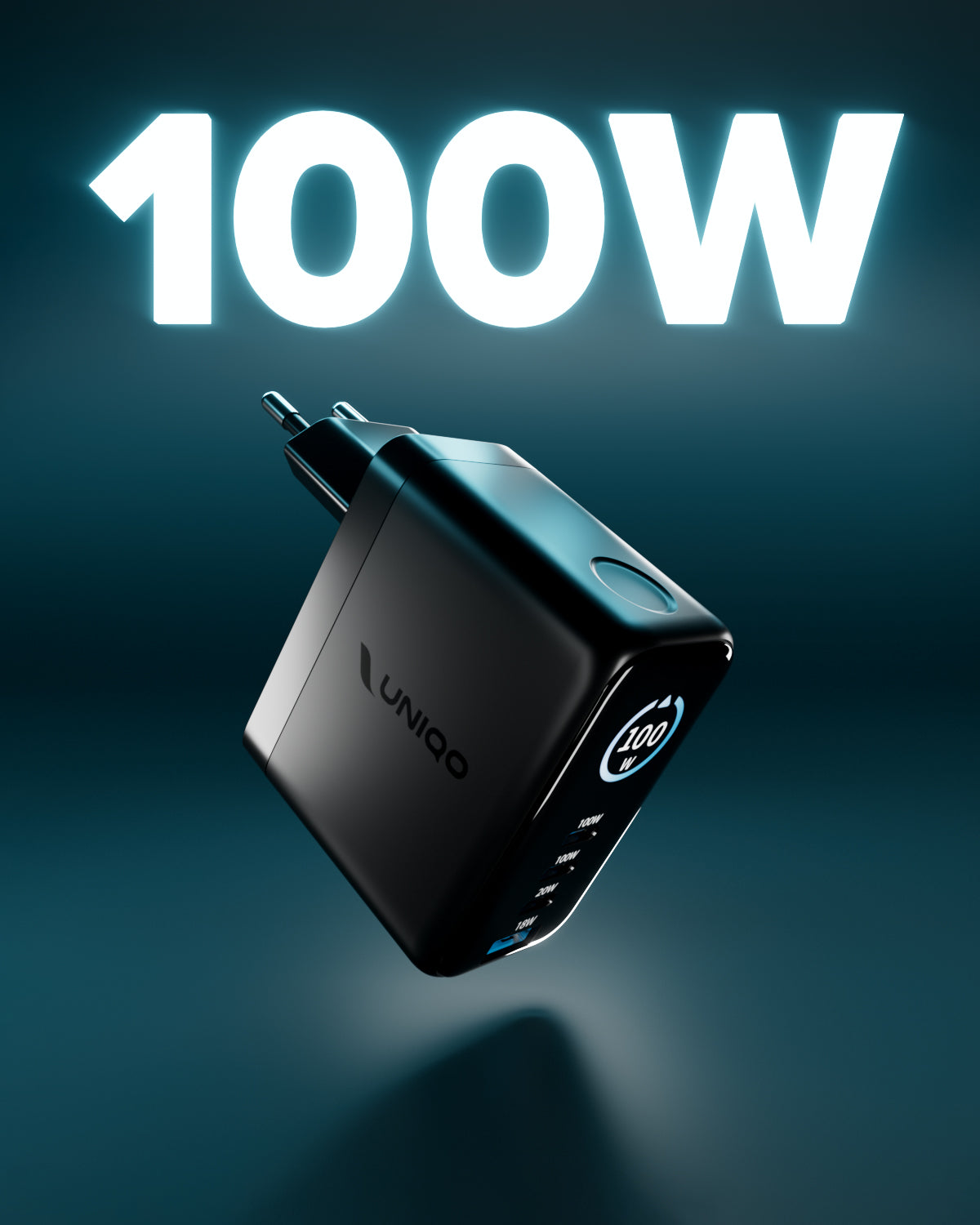 100W Charger Kit with Three USB-C Ports, One USB-A Port, Integrated TFT Display and 1.5 m USB-C Cable