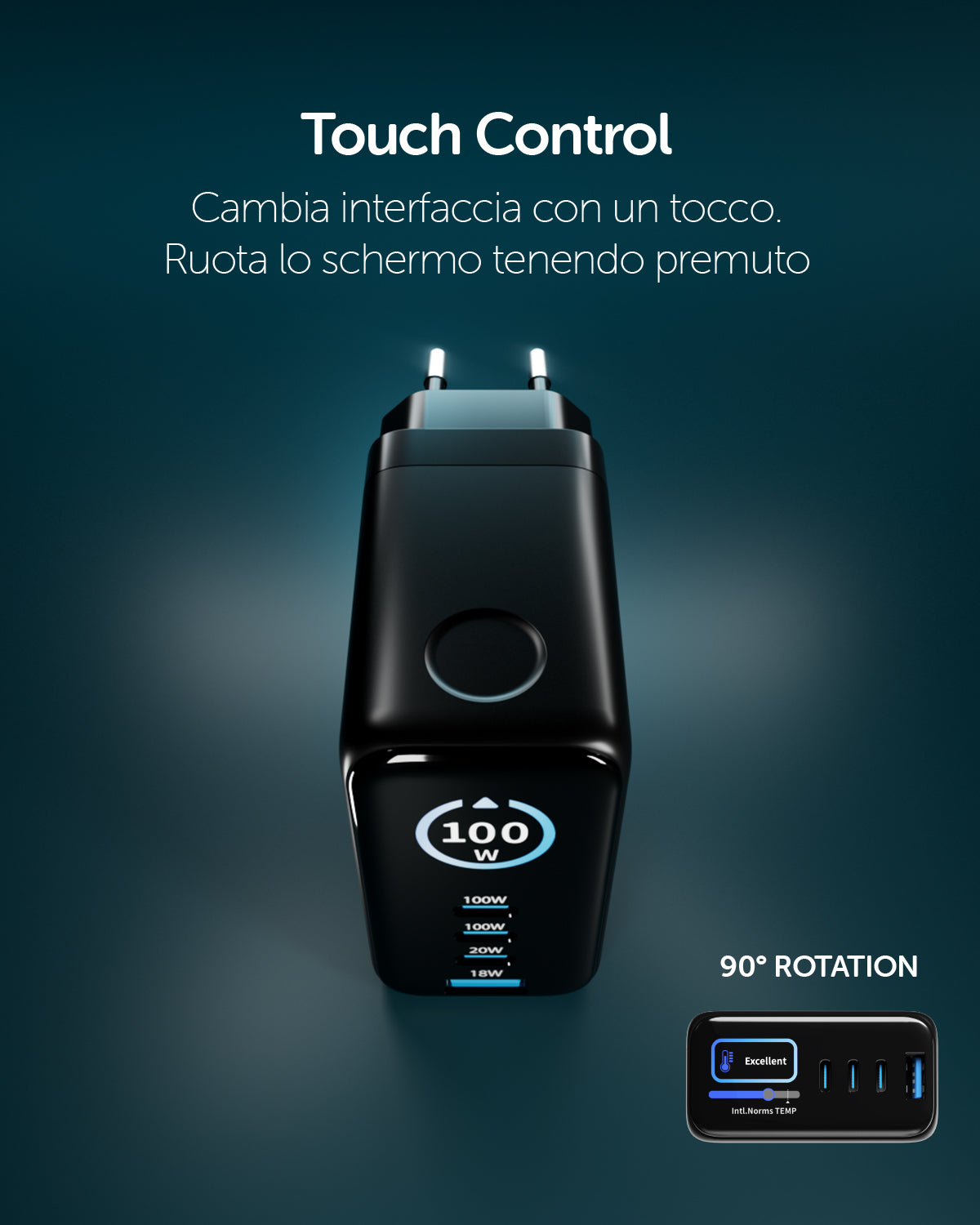 Kit caricatore 100W con tre porte USB-C e una USB-A e display TFT integrato e cavo USB-C 1,5m