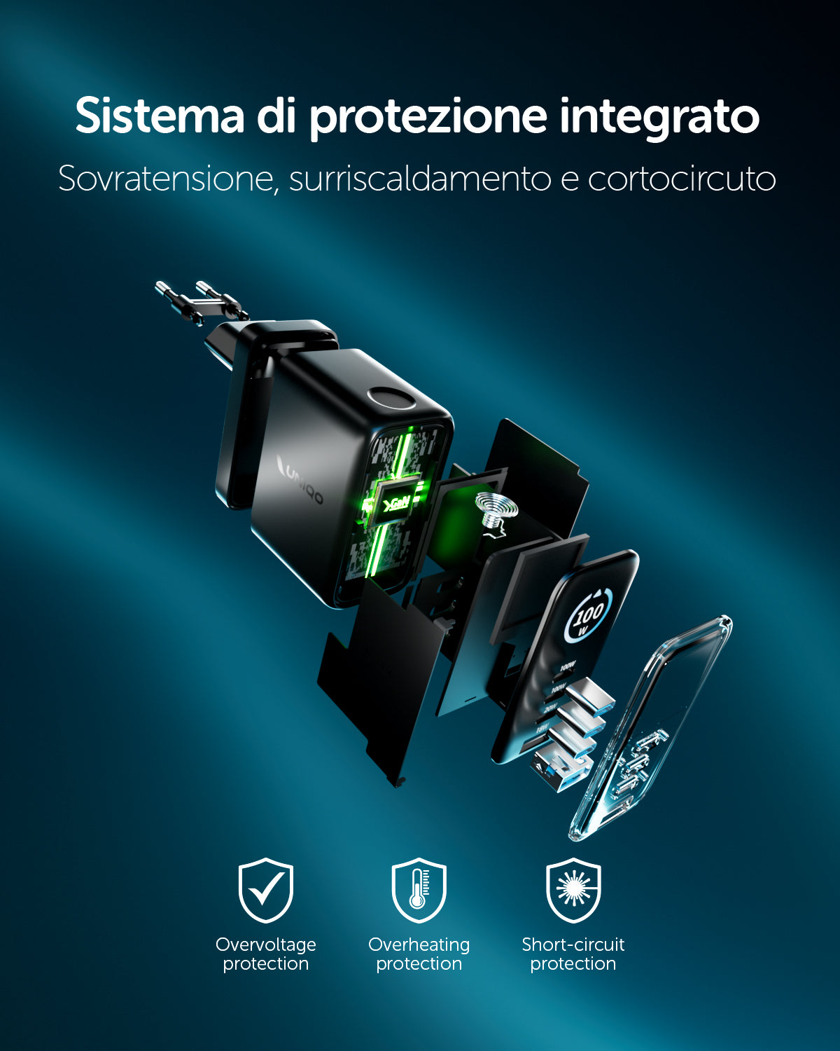 Kit caricatore 100W con tre porte USB-C e una USB-A e display TFT integrato e cavo USB-C 1,5m