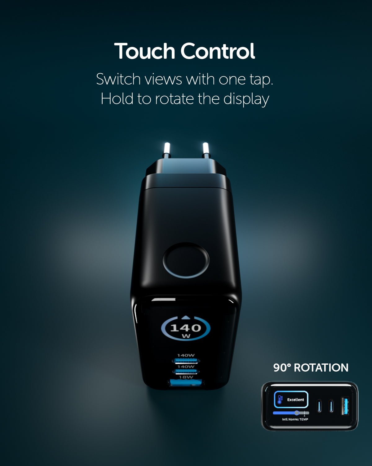 Kit caricatore 140W con due porte USB-C e una USB-A e display TFT integrato e cavo USB-C 1,5m