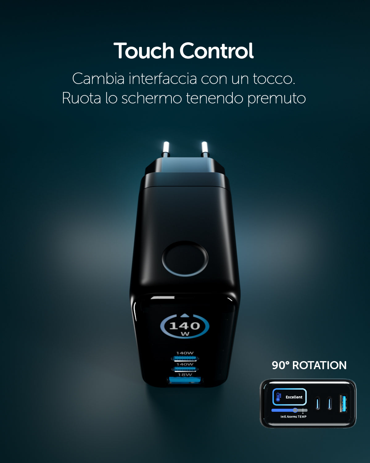 Kit caricatore 140W con due porte USB-C e una USB-A e display TFT integrato e cavo USB-C 1,5m
