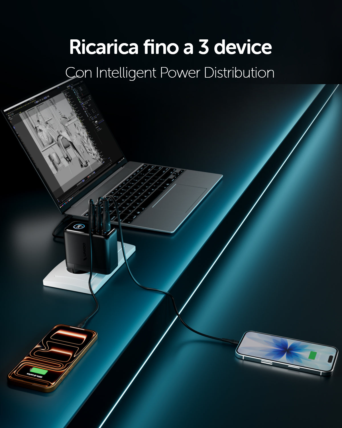Kit caricatore 140W con due porte USB-C e una USB-A e display TFT integrato e cavo USB-C 1,5m