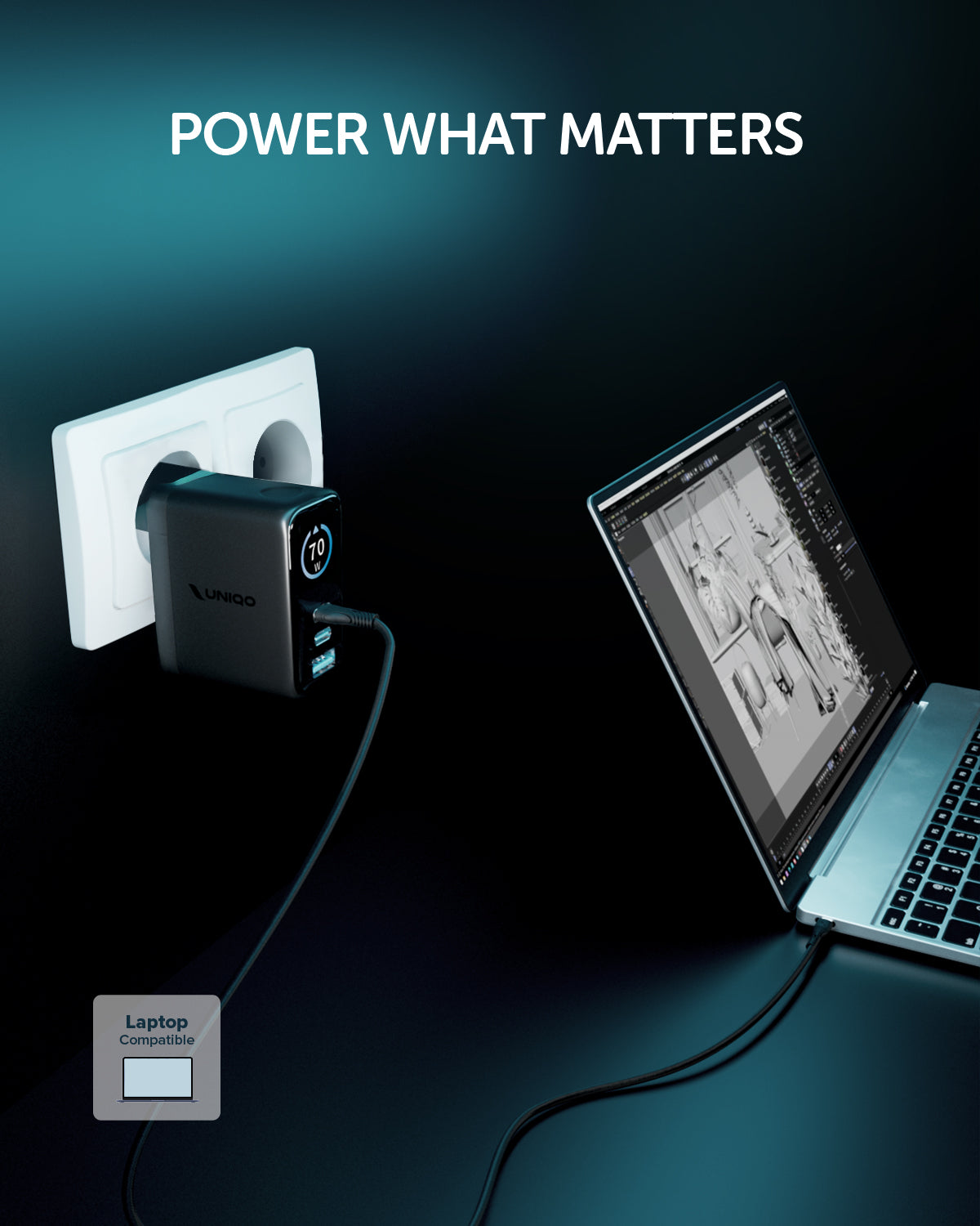 Kit caricatore GaN 70W con display TFT, 2 USB-C, USB-A e cavo incluso