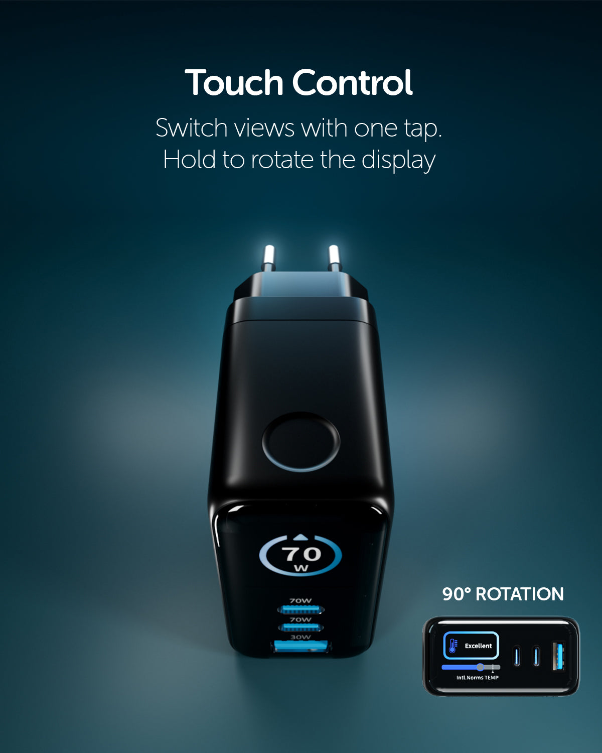 Kit caricatore GaN 70W con display TFT, 2 USB-C, USB-A e cavo incluso