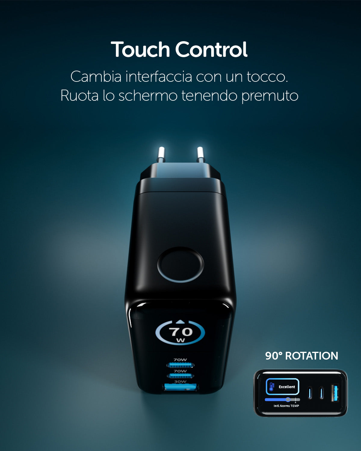 Kit caricatore GaN 70W con display TFT, 2 USB-C, USB-A e cavo incluso