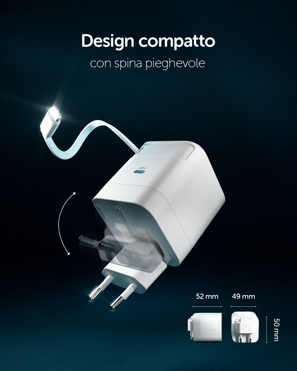 Caricatore da parete GaN 65W con spina pieghevole e cavo USB-C retrattile