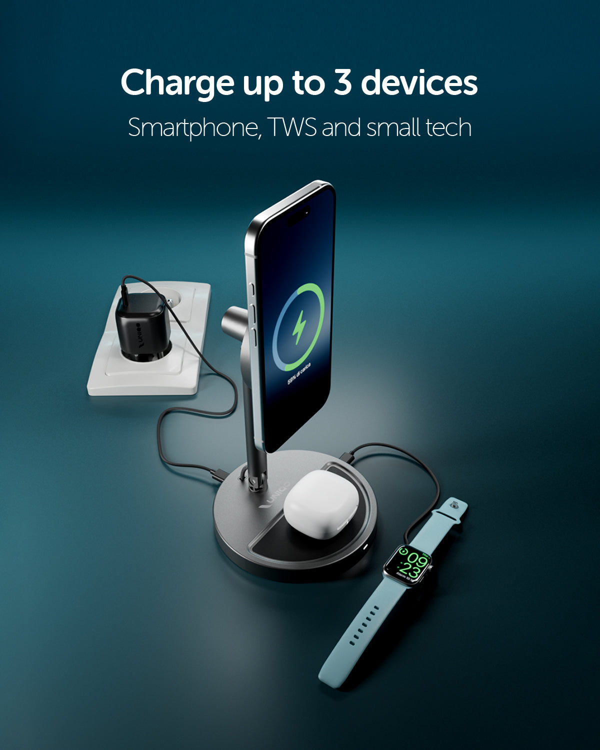Base di ricarica wireless 2 in 1 pieghevole Qi2 35W con caricatore USB-C 45W e cavo incluso