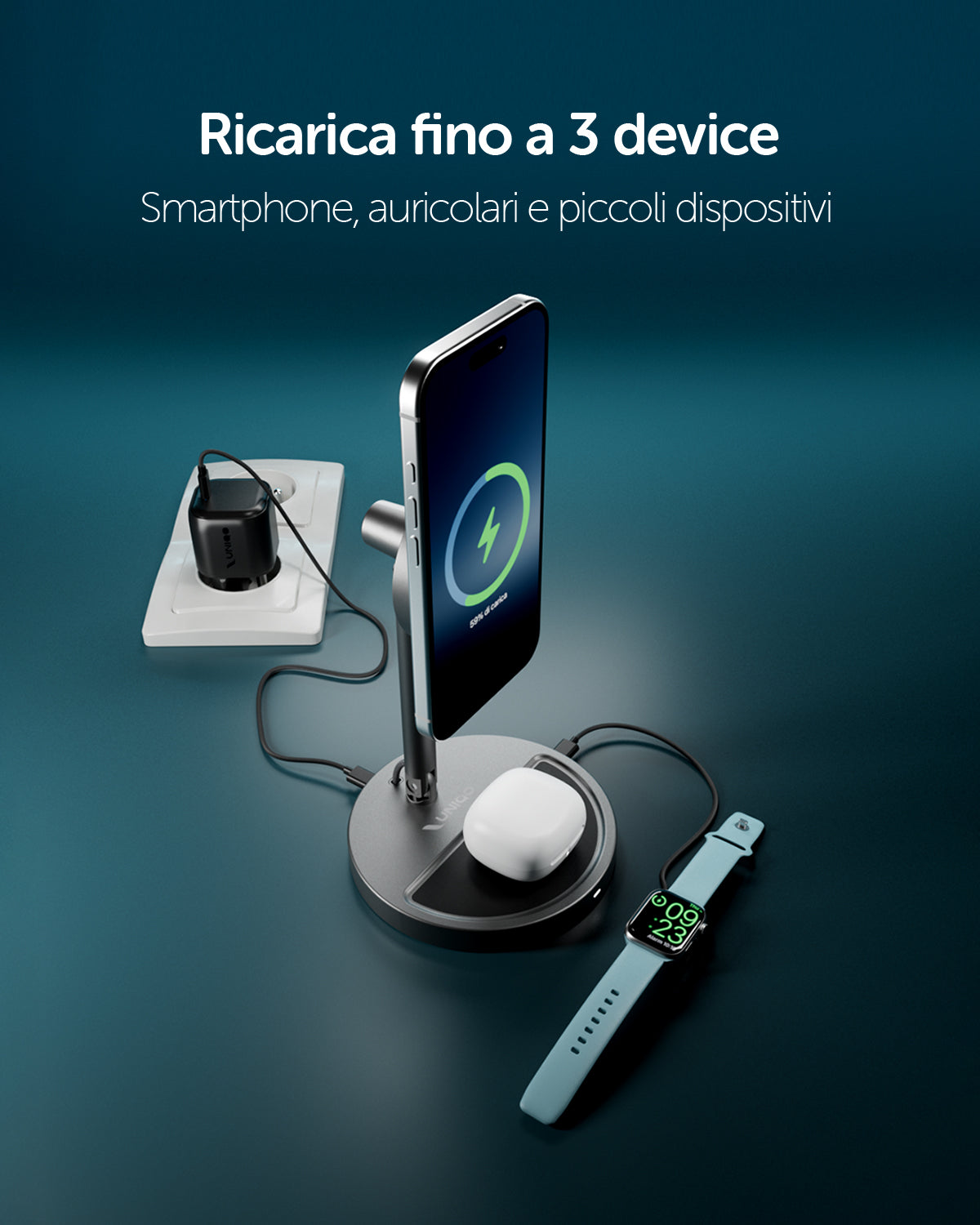 Base di ricarica wireless 2 in 1 pieghevole Qi2 35W con caricatore USB-C 45W e cavo incluso