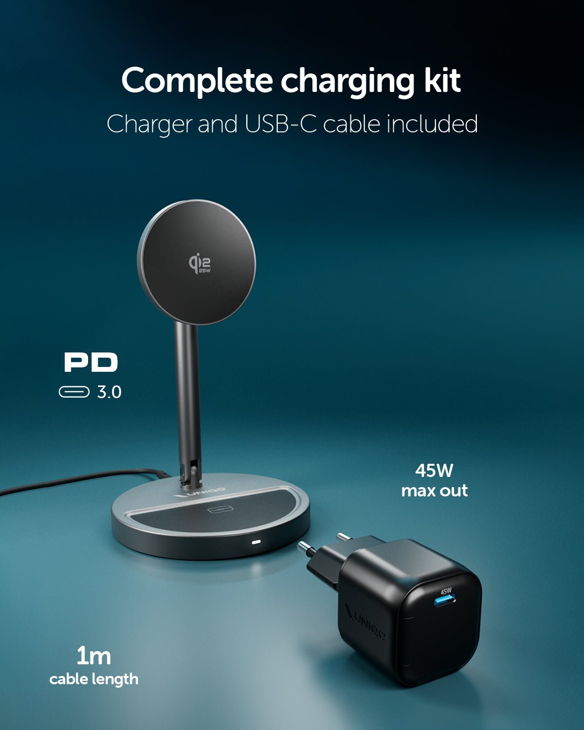Base di ricarica wireless 2 in 1 pieghevole Qi2 35W con caricatore USB-C 45W e cavo incluso