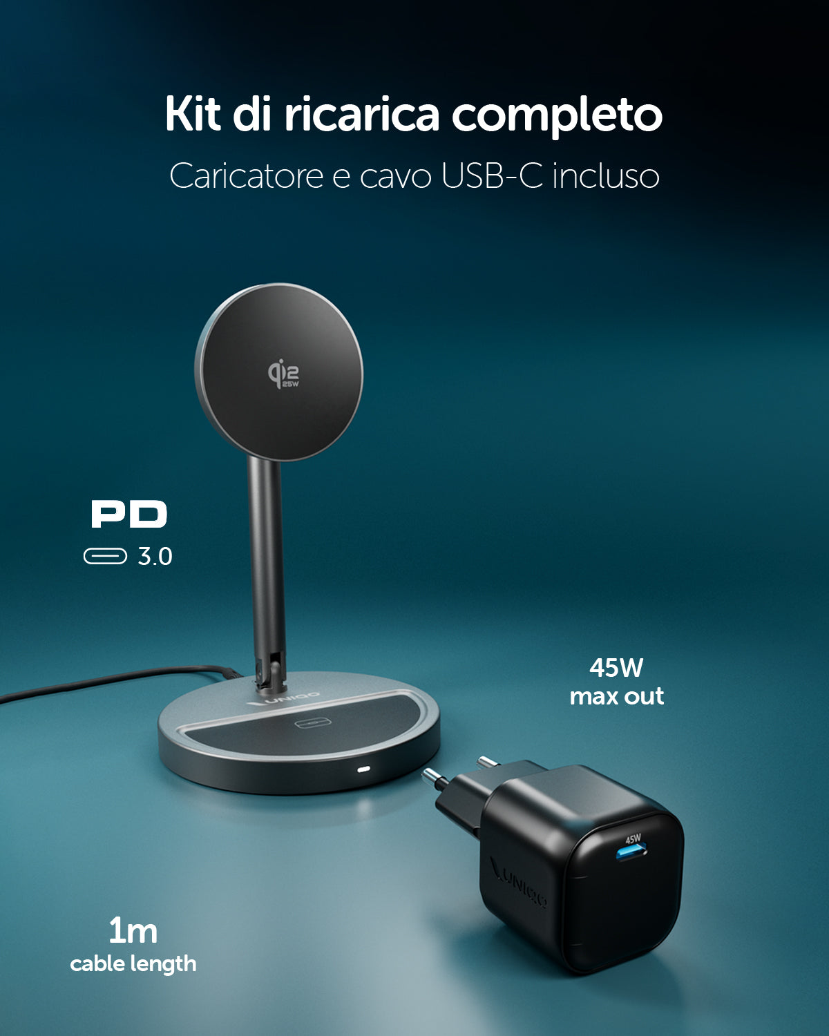 Base di ricarica wireless 2 in 1 pieghevole Qi2 35W con caricatore USB-C 45W e cavo incluso
