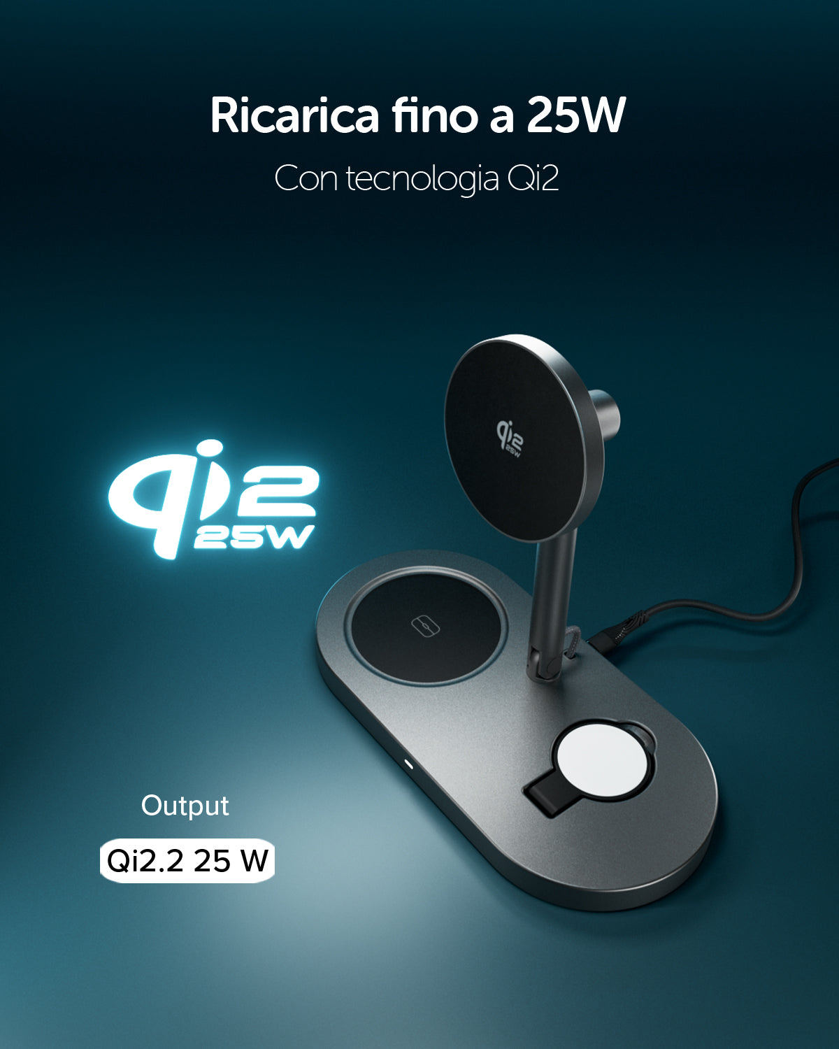 Base di ricarica wireless 3 in 1 pieghevole Qi2 25W con caricatore incluso
