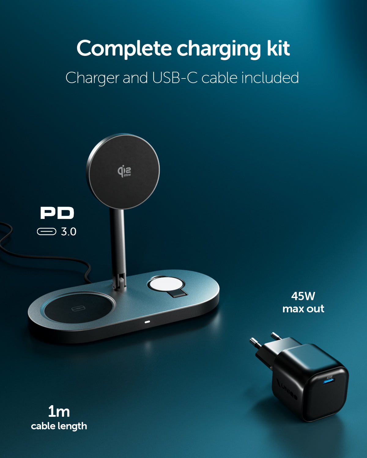 Base di ricarica wireless 3 in 1 pieghevole Qi2 25W con caricatore incluso