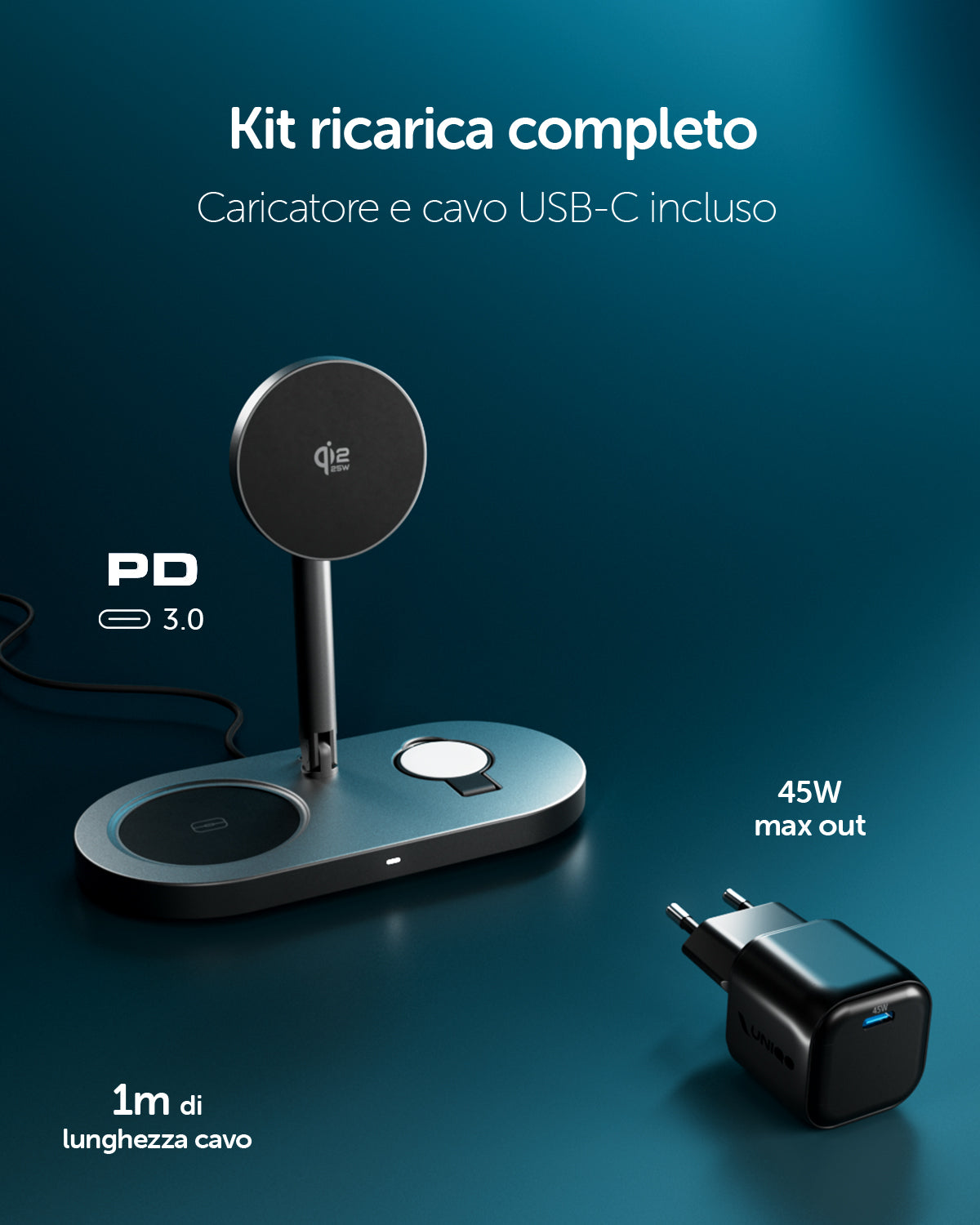 Base di ricarica wireless 3 in 1 pieghevole Qi2 25W con caricatore incluso